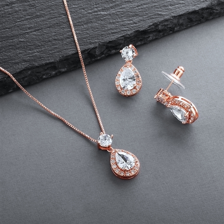Brilliant CZ Halo Pear Shaped Rose Gold Necklace and Earrings Set<br>4550S-RG