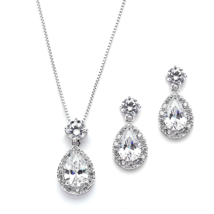 Mariell Wholesale Brilliant CZ Halo Pear Shaped Necklace and Earrings Set