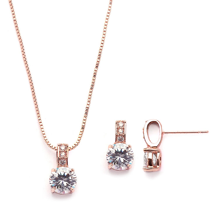Delicate CZ Round-Cut Rose Gold Necklace and Earrings Set with Pave Top<br>4551S-RG