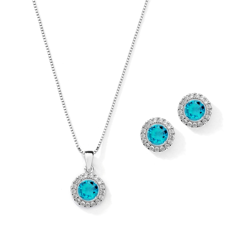 Gleaming Cubic Zirconia Round Shape Halo Necklace and Stud Earrings Set - Aqua<br>4552S-AQ