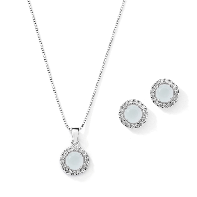 Cubic Zirconia Round Shape Halo Necklace and Stud Earrings Set - Opal Sky<br>4552S-BL