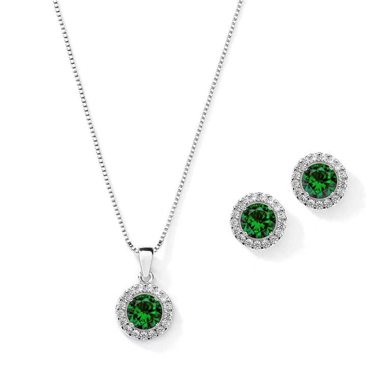 Mariell Wholesale Cubic Zirconia Round Shape Halo Necklace and Stud Earrings Set - Emerald