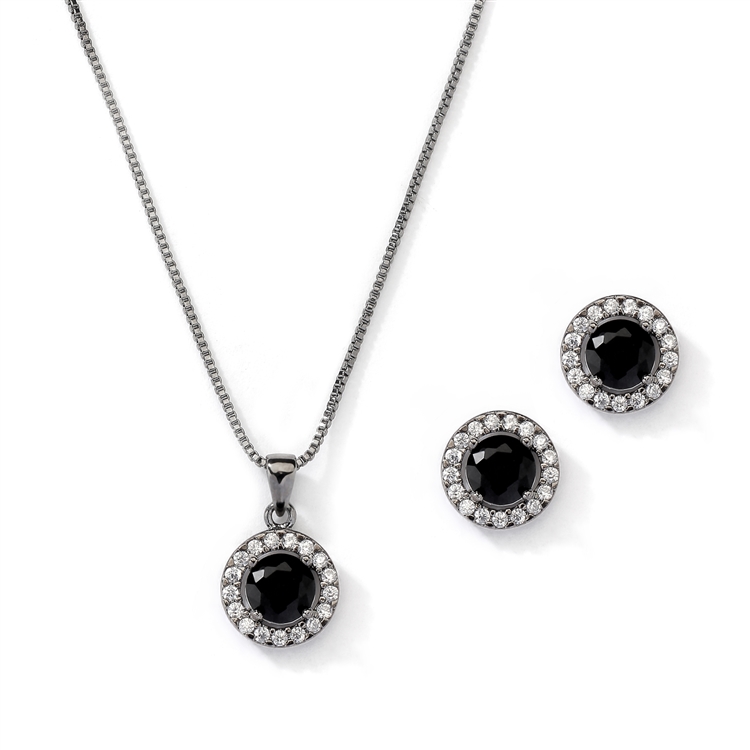 Mariell Wholesale Gleaming Cubic Zirconia Round Shape Halo Necklace and Stud Earrings Set in Black Hematite