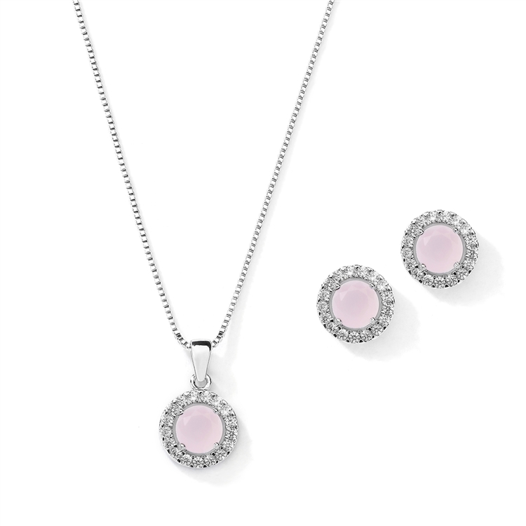 Cubic Zirconia Round Shape Halo Necklace and Stud Earrings Set - Pink Opal<br>4552S-PK