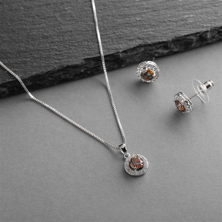Mariell Wholesale Cubic Zirconia Round Shape Halo Necklace and Stud Earrings Set - Vitrail Medium