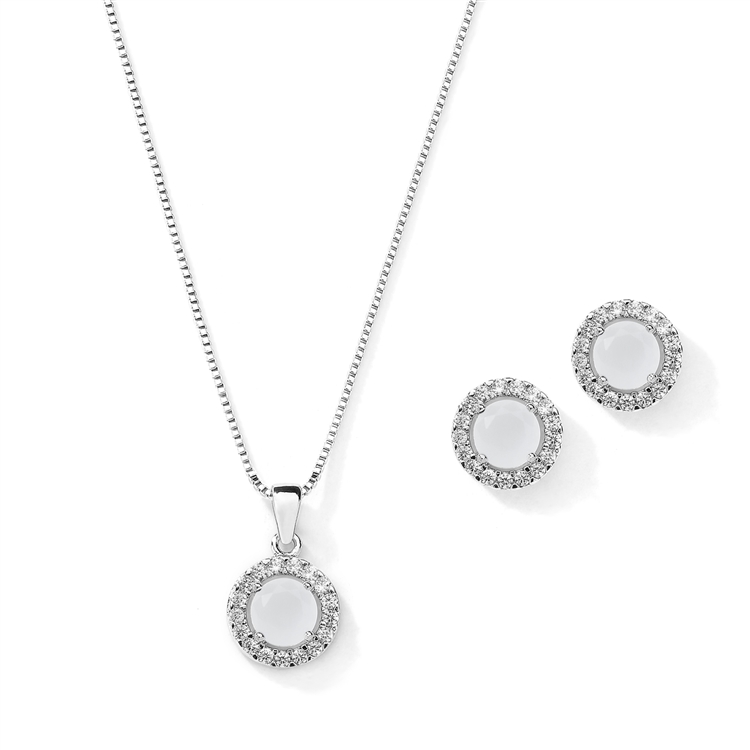 Mariell Wholesale Cubic Zirconia Round Shape Halo Necklace and Stud Earrings Set - White Opal
