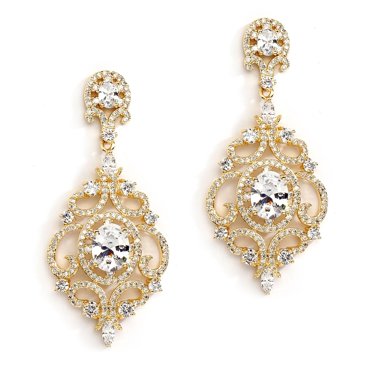 Mariell Wholesale Victorian Scrolls 14K Gold Plated Cubic Zirconia Wedding Chandelier Earrings