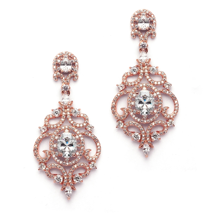 Mariell Wholesale Victorian Scrolls 14K Rose Gold Plated Cubic Zirconia Wedding Chandelier Earrings