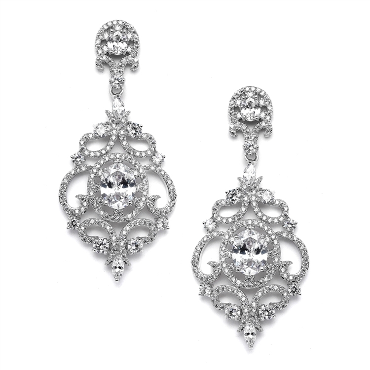 Mariell Wholesale Victorian Scrolls Silver Platinum Plated Cubic Zirconia Wedding Chandelier Earrings