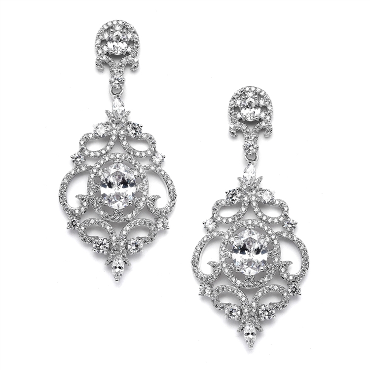 Victorian Scrolls Silver Platinum Plated Cubic Zirconia Wedding Chandelier Earrings<br>4553E-S