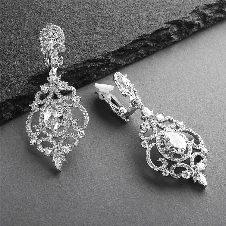 Victorian Scrolls Silver Rhodium Plated CZ Clip-On Wedding Chandelier Earrings<br>4553EC-S