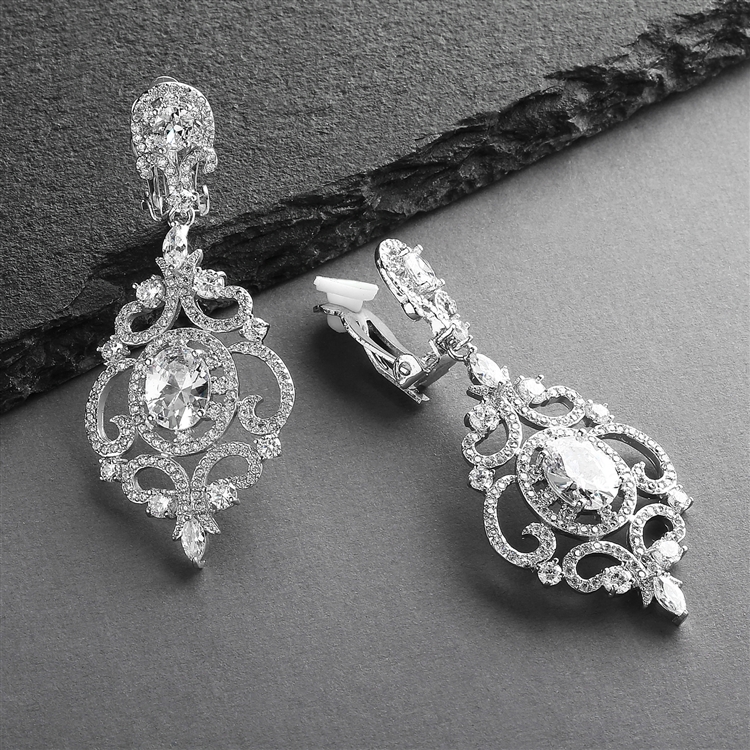 Mariell Wholesale Victorian Scrolls Silver Rhodium Plated CZ Clip-On Wedding Chandelier Earrings