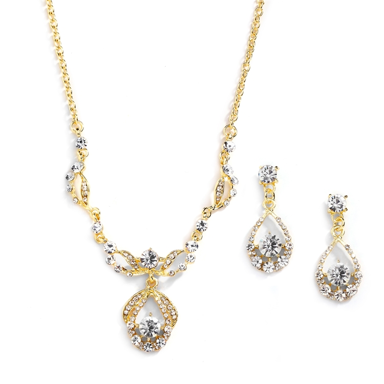 14K Gold Vintage-Style Crystal Necklace and Earrings Set<br>4554S-G
