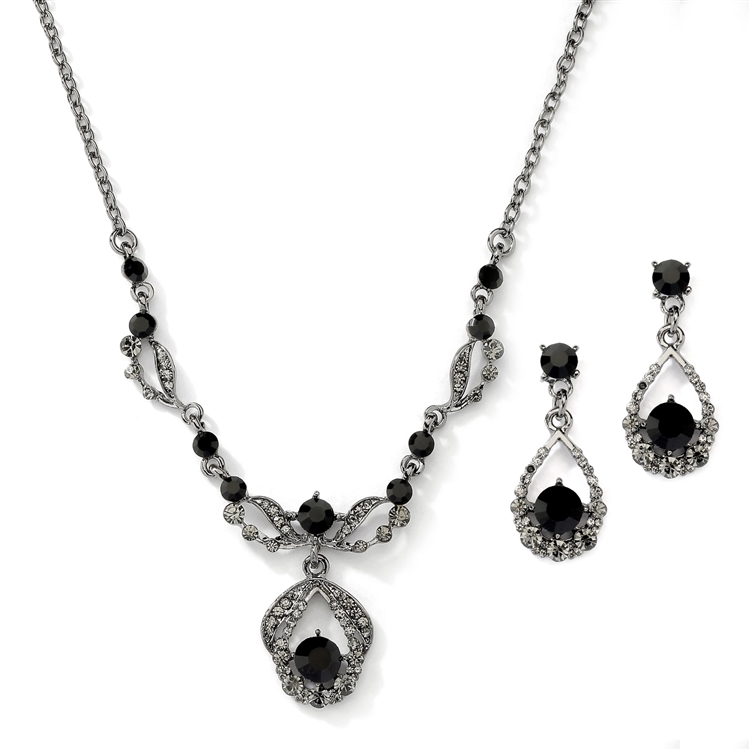Vintage Crystal Necklace and Earrings Set - Black Hematite Plating<br>4554S-HM