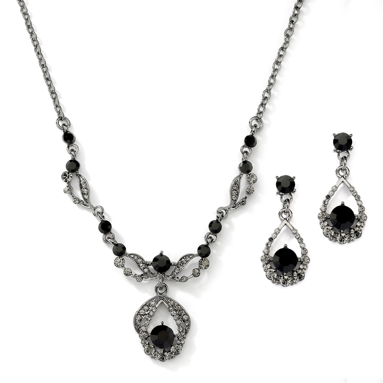 Mariell Wholesale Vintage Crystal Necklace and Earrings Set - Black Hematite Plating