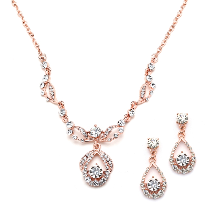 Rose Gold Vintage-Style Crystal Necklace and Earrings Set<br>4554S-RG