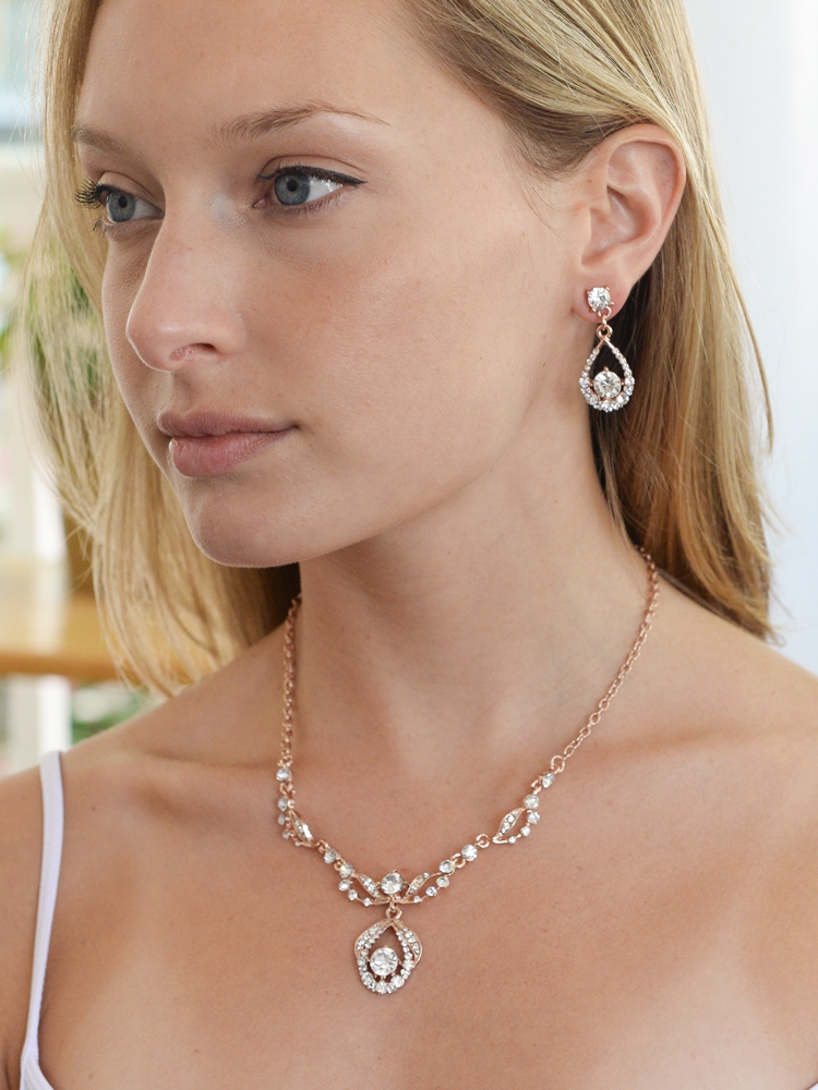 Rose Gold Vintage-Style Crystal Necklace and Earrings Set<br>4554S-RG