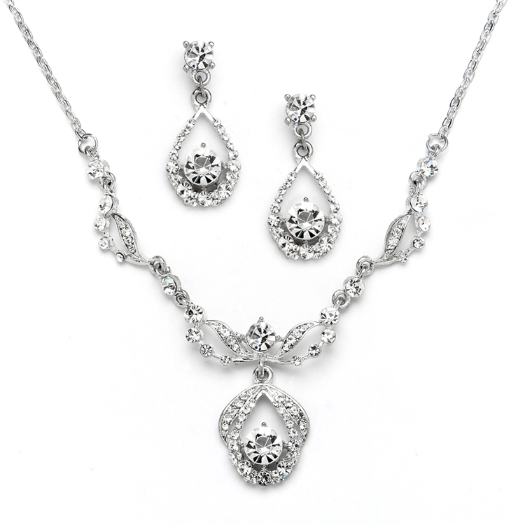 Vintage Crystal Necklace and Earrings Set - Antique Silver Plating<br>4554S-S