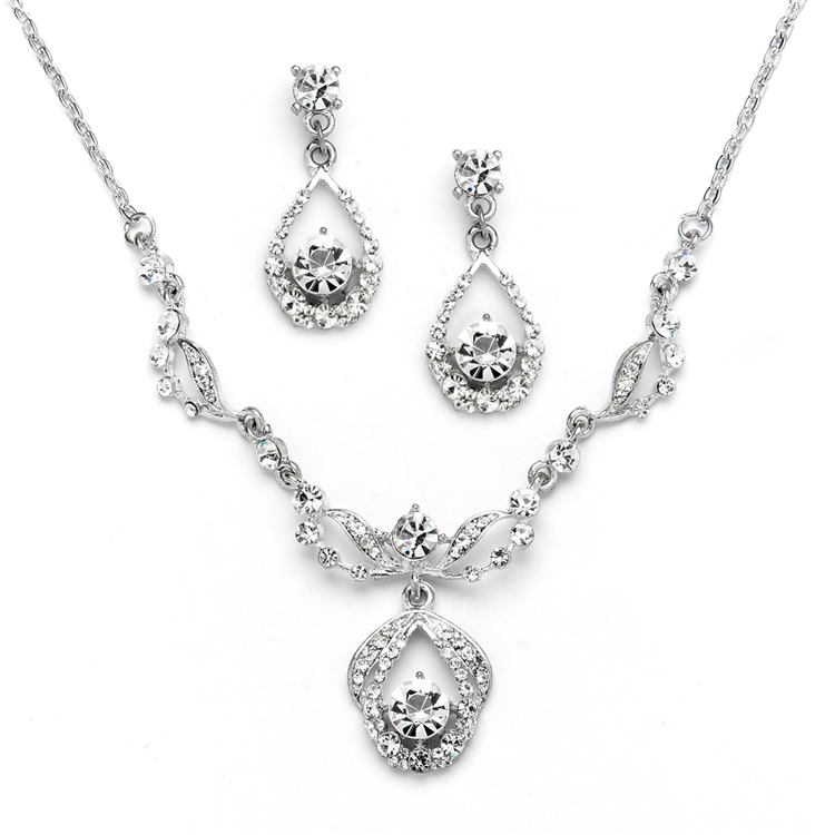Mariell Wholesale Vintage Crystal Necklace and Earrings Set - Antique Silver Plating