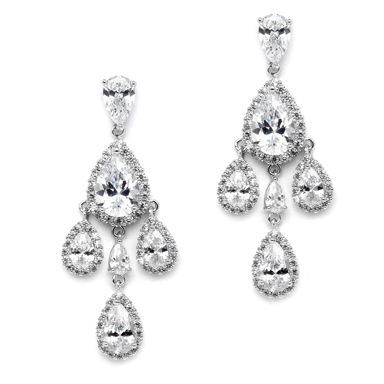 Petite Clip On CZ Chandelier Earrings with Platinum Pear-Shaped Halo Teardrops<br>4555EC-S