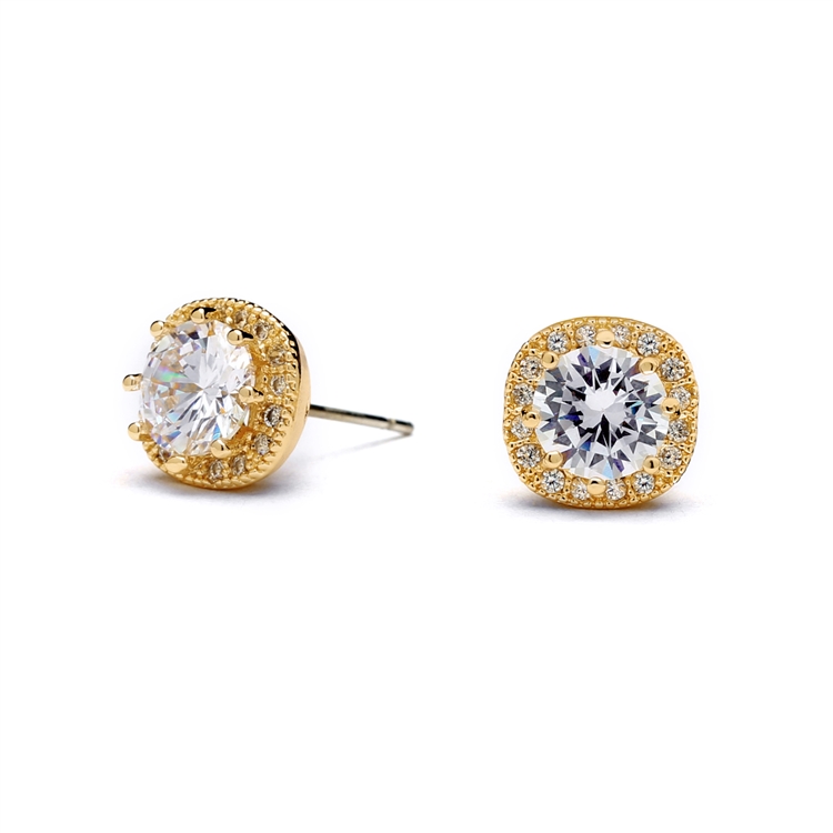 Gold Cushion Shape CZ 10mm Halo Stud Earrings with Round Cut Solitaire<br>4556E-G