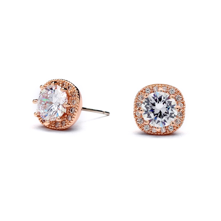 Cubic Zirconia Cushion Shape 10mm Halo Stud Earrings with Round Cut Solitaire<br>4556E-RG