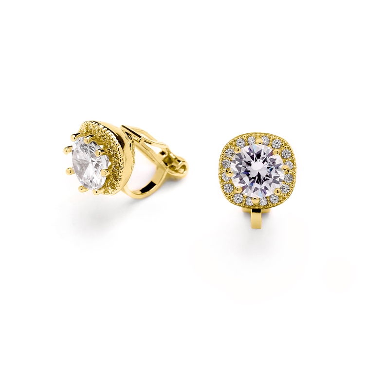 14K Gold Plated Cushion Shape Halo Clip On Earrings with Round CZ Solitaire<br>4556EC-G