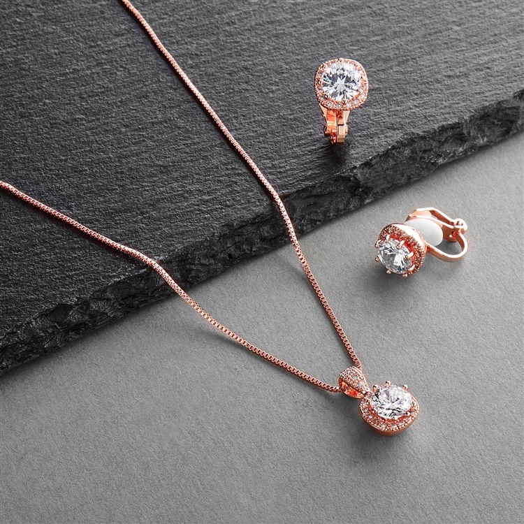 Cushion Cut 10mm CZ Rose Gold Pendant Necklace and Clip-On Earrings Set<br>4556S-EC-RG