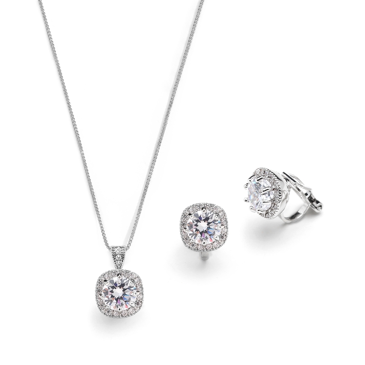 Cushion Cut 10mm CZ Pendant Necklace and Clip-On Earrings Set<br>4556S-EC-S