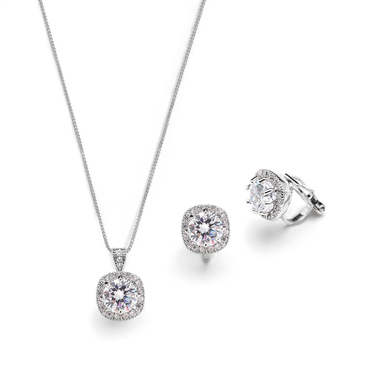 Mariell Wholesale Cushion Cut 10mm CZ Pendant Necklace and Clip-On Earrings Set
