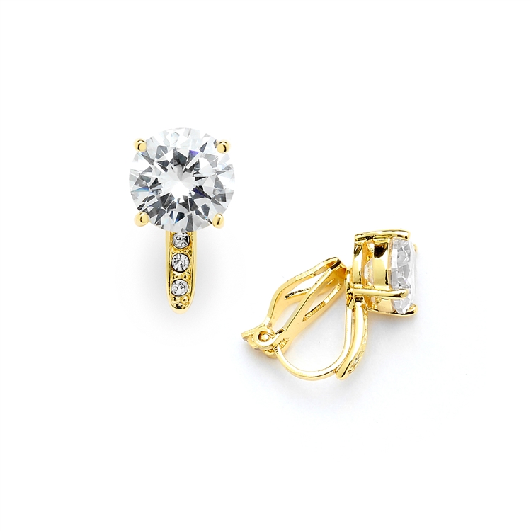 Mariell Wholesale 2.0 Ct. CZ Solitaire Clip-On Stud Earrings (8mm) with 14k Gold Plated Pave Accents