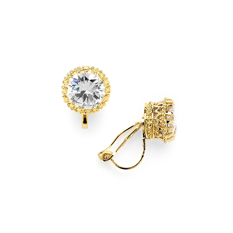 Gold Crown Setting Clip-On 2.0 Carat Round Solitaire Cubic Zirconia Stud Earrings<br>4559EC-G