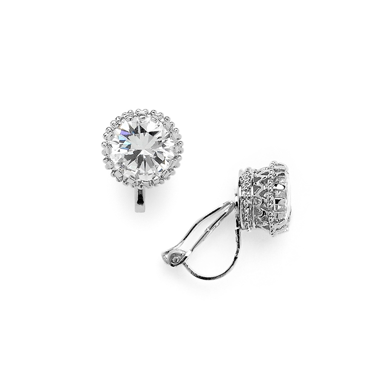 Crown Setting Clip-On 2.0 Ct Round Cubic Zirconia Platinum Plated Stud Earrings<br>4559EC-S