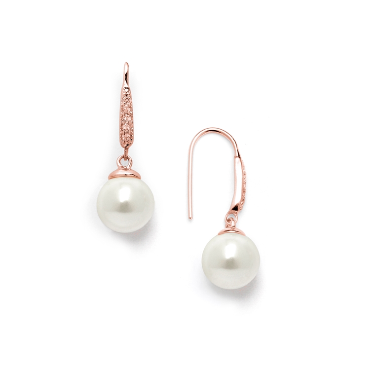 Mariell Wholesale Vintage French Wire Bridal Earrings with Ivory Pearl Drops and 14K Rose Gold Plated CZ Accents