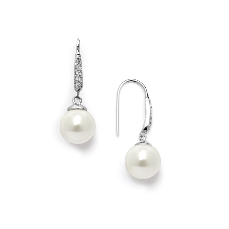 Vintage French Wire Bridal Earrings with Ivory Pearl Drops and Platinum Plated CZ Accents<br>4560E-I-S