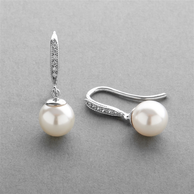 Mariell Wholesale Vintage Micro Pave CZ French Wire Bridal Earrings with Ivory Pearl Drops