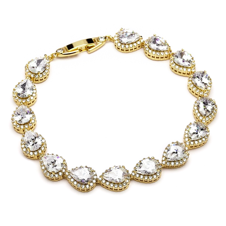 Top Selling 6 5/8" Petite Size CZ Framed Pears Bridal or Bridesmaids Gold Bracelet<br>4562B-G-6