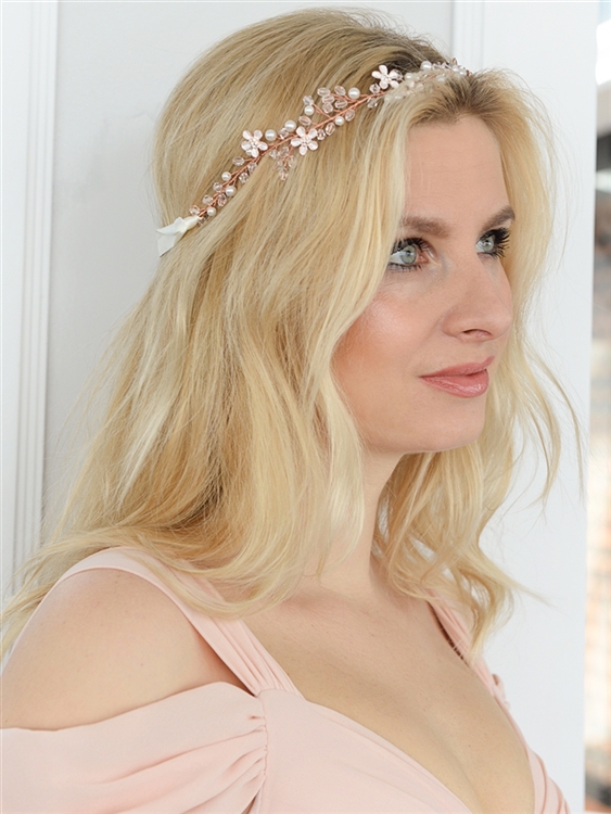 Designer Handmade Rose Gold Bridal Headband with Dainty Floral Vines<br>4564HB-I-RG