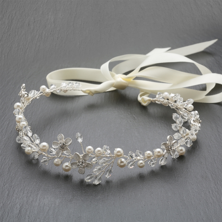 Pearl & Crystal Handmade Bridal Hair Vine Floral Headband<br>4564HB-I-S