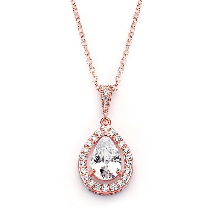 Couture Rose Gold Cubic Zirconia Framed Pear-Shaped Bridal Necklace<br>4575N-RG