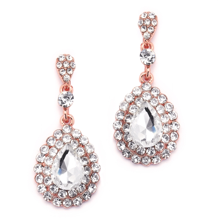 Prom or Bridesmaids Rose Gold Teardrop Statement Earrings with Crystal Accents<br>4576E-RG