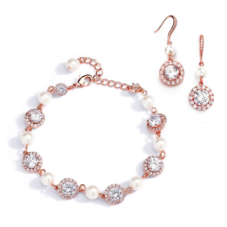 Ivory Pearl and Cubic Zirconia Bridal Bracelet and Earrings Set in Rose Gold<br>4580BS-I-RG