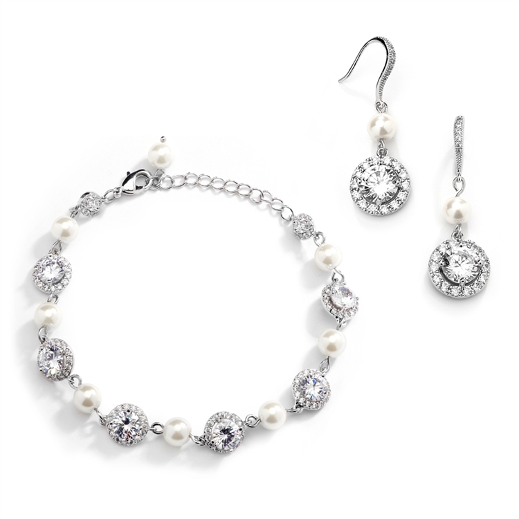 Mariell Wholesale Ivory Pearl and Cubic Zirconia Bridal Bracelet and Earrings Set