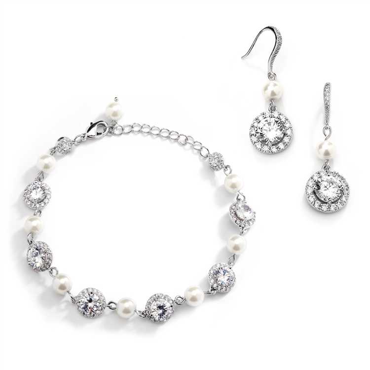 Ivory Pearl and Cubic Zirconia Bridal Bracelet and Earrings Set<br>4580BS-I-S
