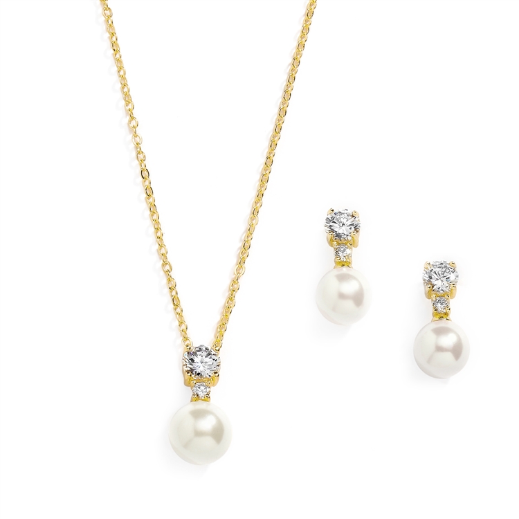 Mariell Wholesale 14K Gold Pearl Drop Necklace Set with Round CZ