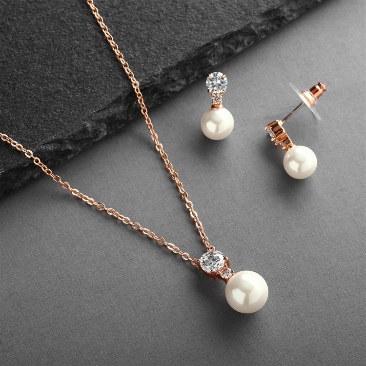 Rose Gold Pearl Drop Necklace Set with Round CZ<br>4581S-I-RG