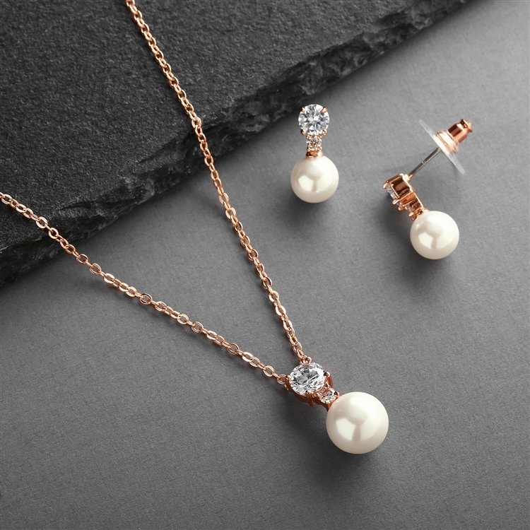 Mariell Wholesale Rose Gold Pearl Drop Necklace Set with Round CZ