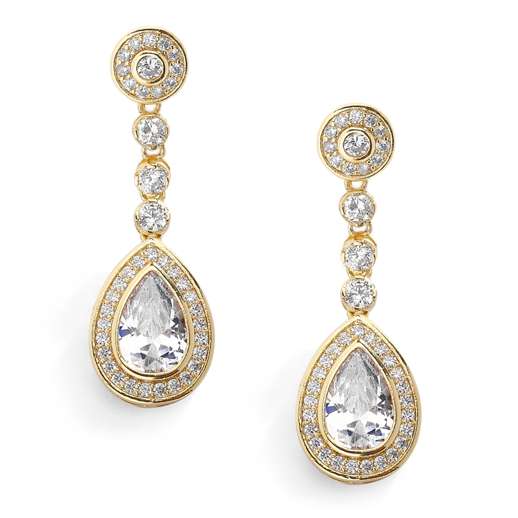 14K Gold Clip-On Dangle  Wedding Earrings with Framed Pearshape CZ Drops<br>4583EC-G