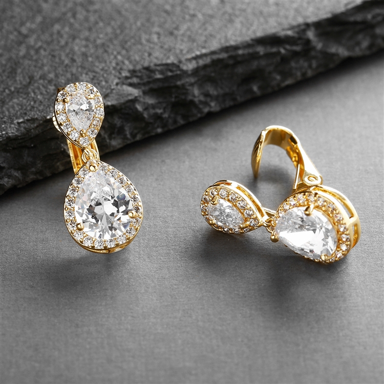 Gold Teardrop Clip-On Cubic Zirconia Wedding Earrings<br>4584EC-G