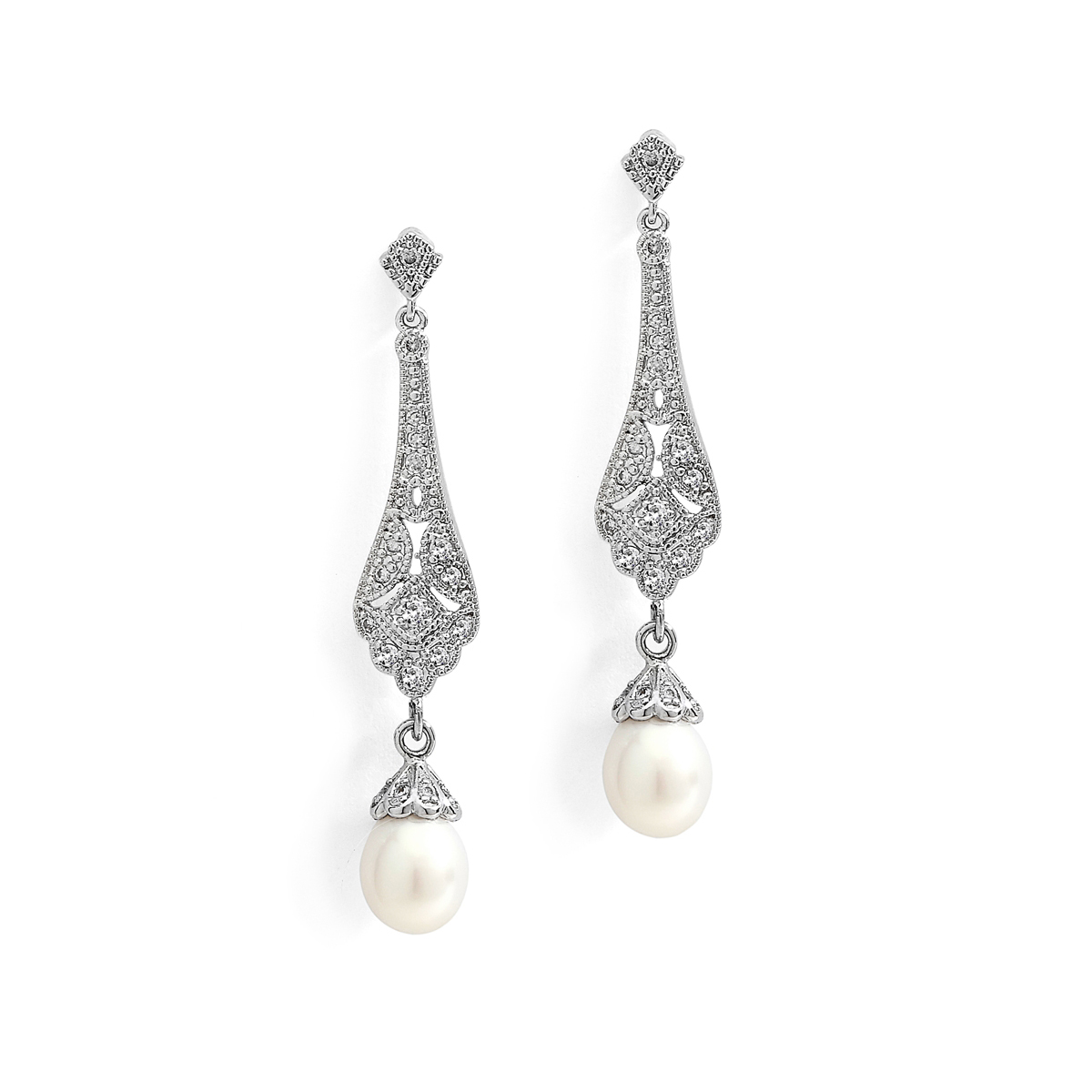 Mariell Wholesale Art Deco CZ Bridal Earrings with Freshwater Pearl